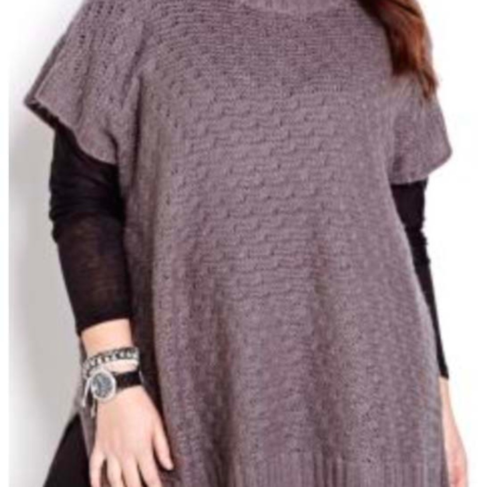 MOCK NECK SWEATER, RIBBED DETAILING, MEDIUM GREY MIX, SZ 3X/4X, PONCHO STYLE,